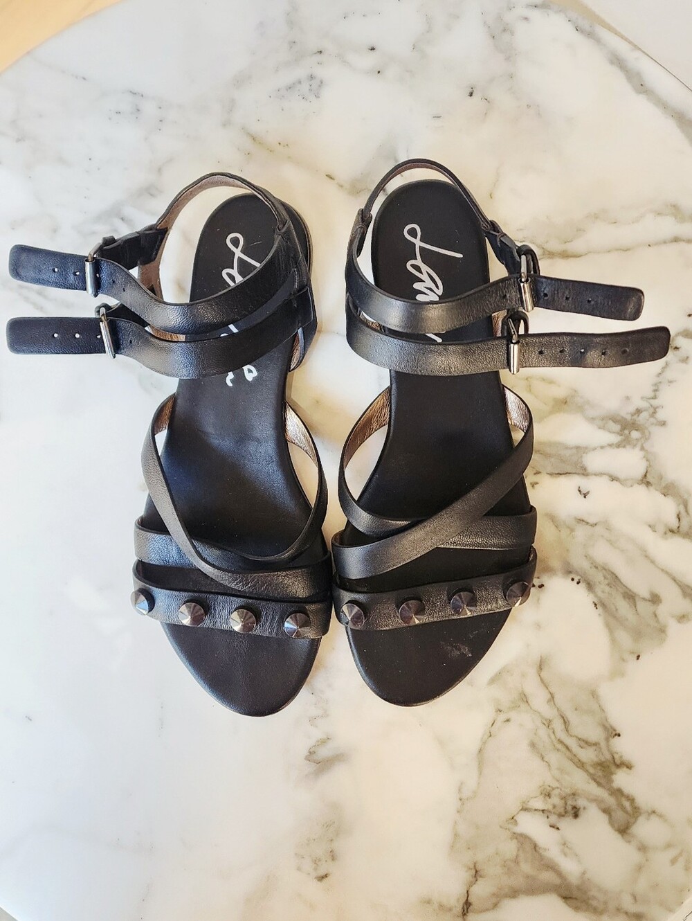 Lanvin Black Leather Studded Strappy Sandals with Ankle Buckles Size 37